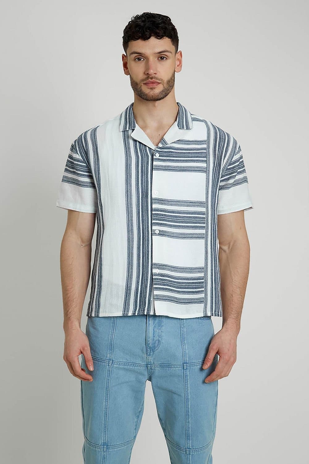 Native Youth Native Youth Men's Cotton Short Sleeve Lightweight Striped Relaxed Shirt in Blue
