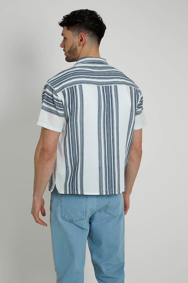Native Youth Native Youth Men's Cotton Short Sleeve Lightweight Striped Relaxed Shirt in Blue - 2