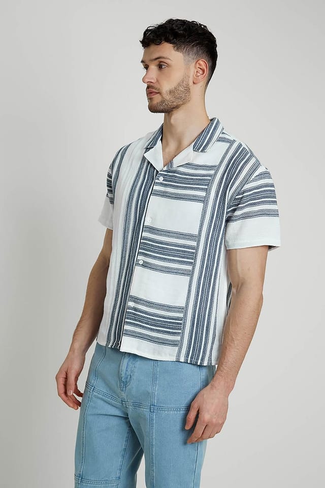 Native Youth Native Youth Men's Cotton Short Sleeve Lightweight Striped Relaxed Shirt in Blue - 3