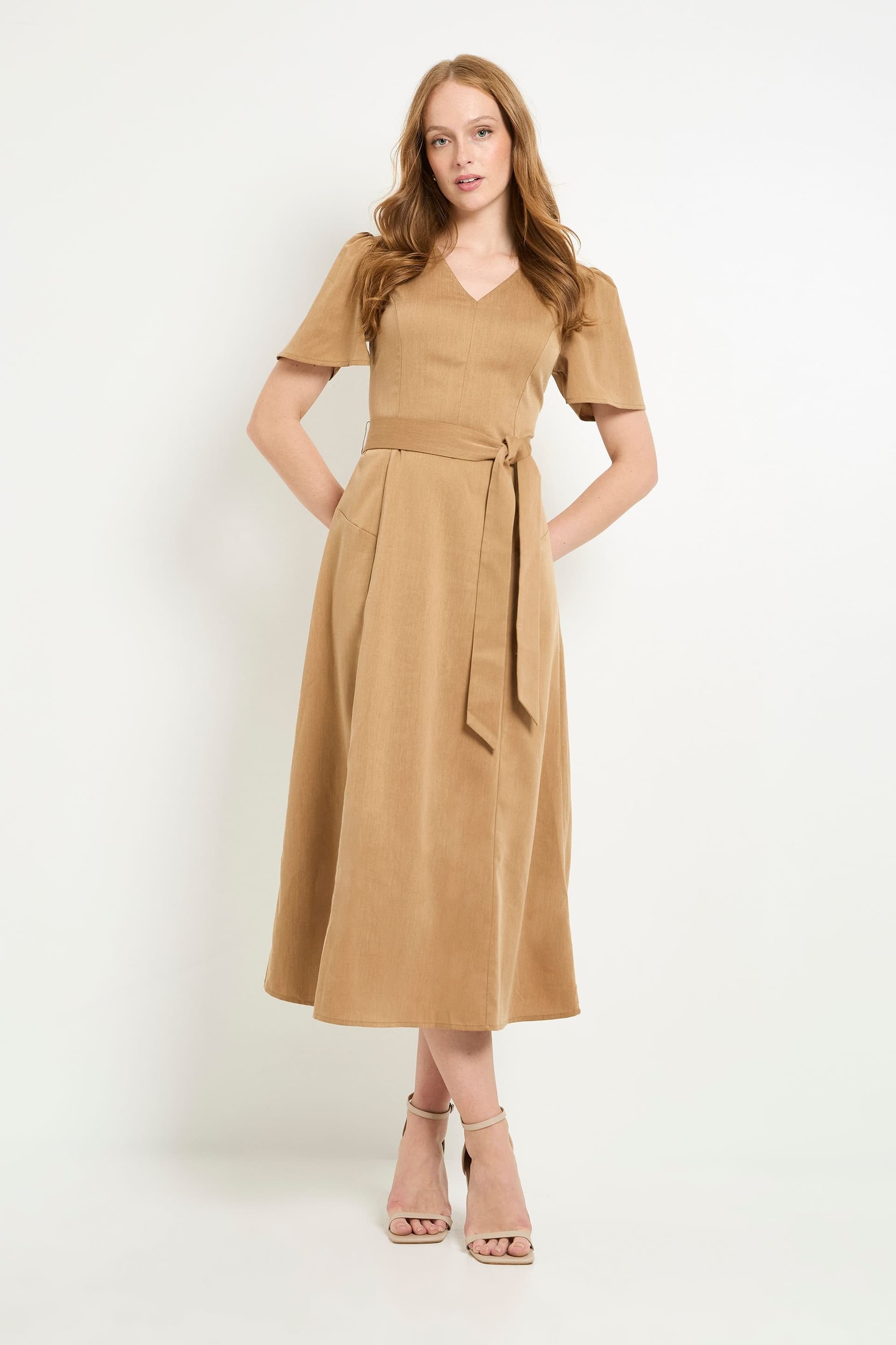 Principles Principles Women's Seam Detail Belted Midi Dress in Camel