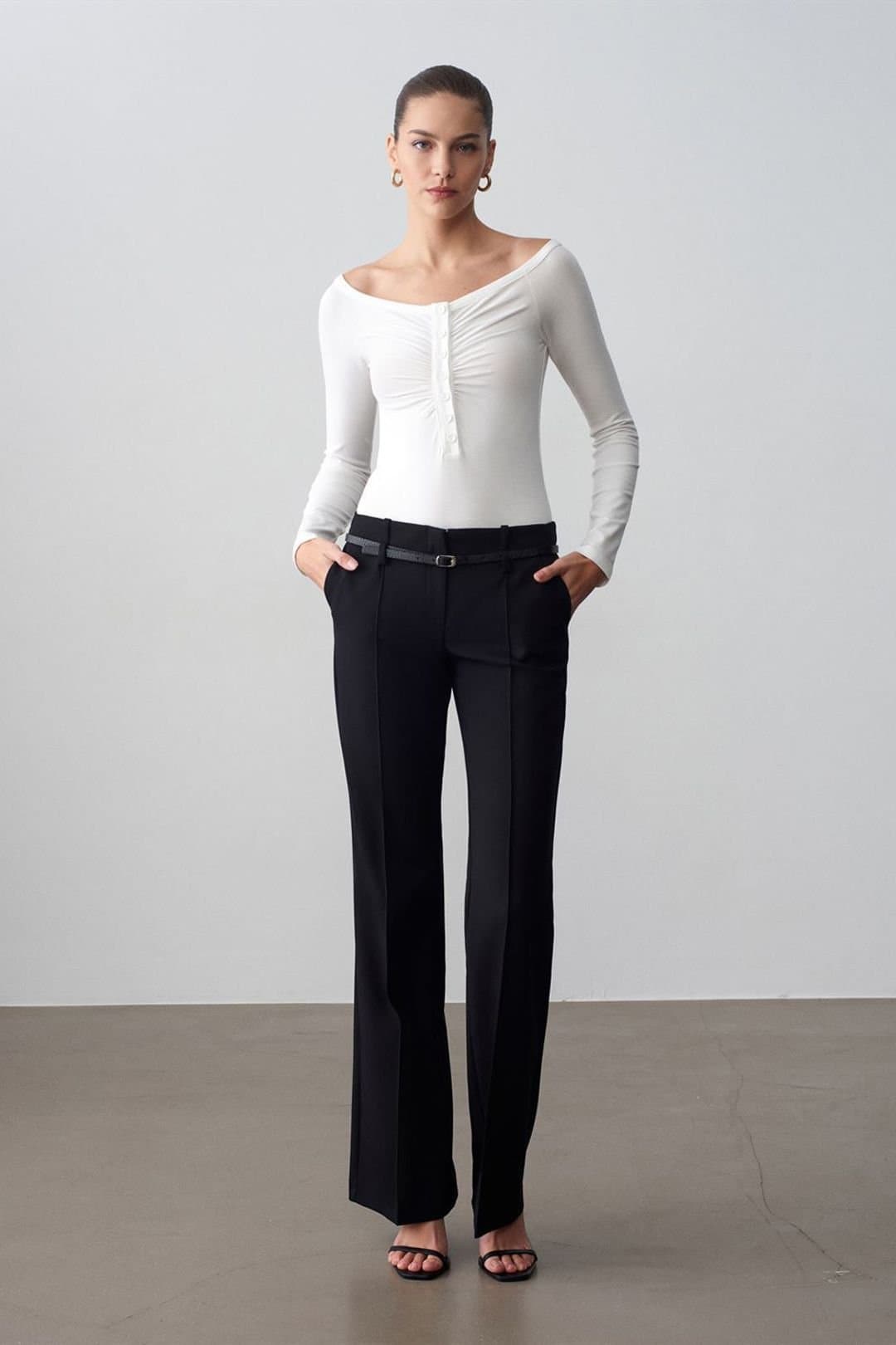 Dilvin Dilvin Women's Belted Straight-Leg Crepe Trousers in Black