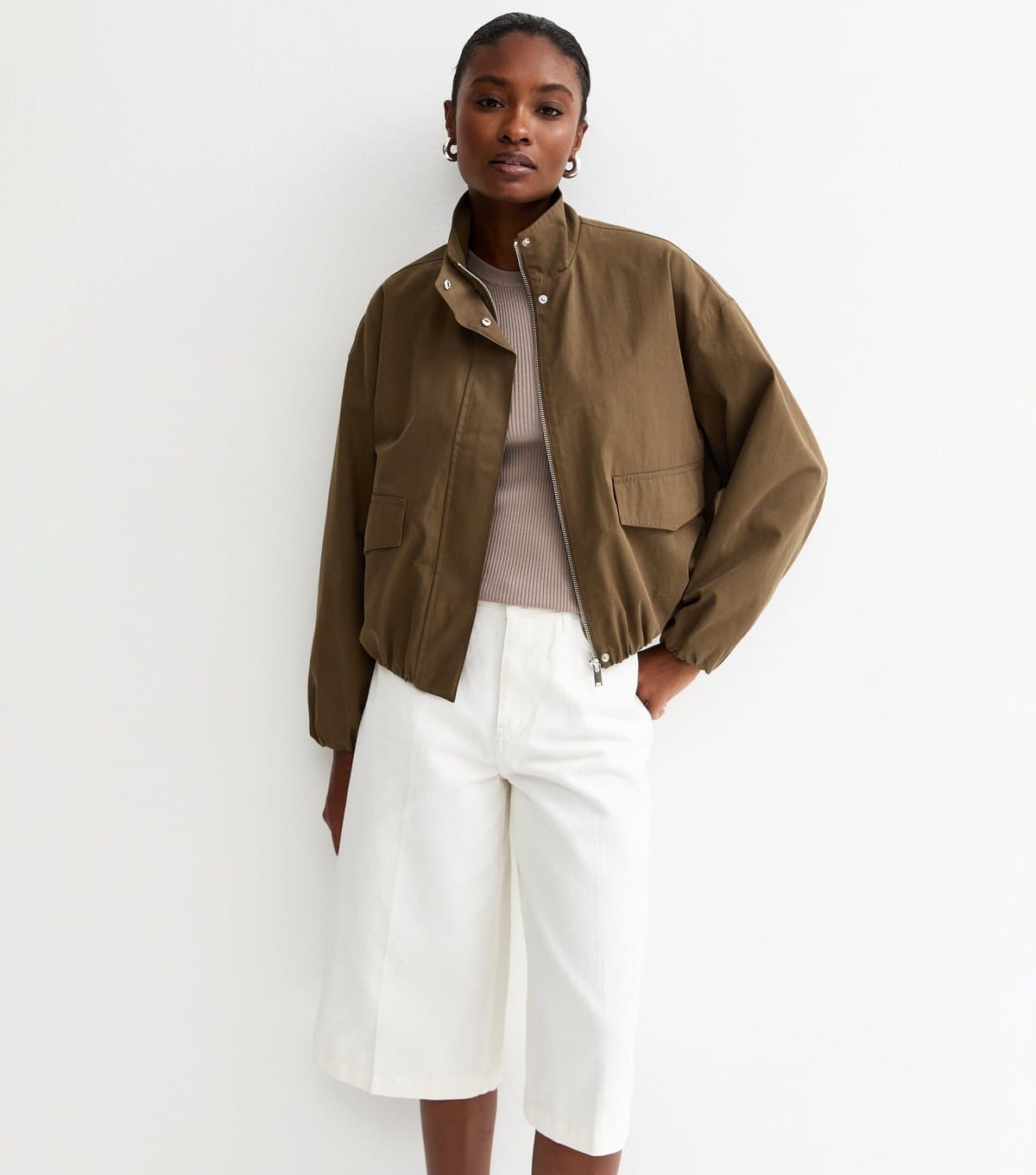 New Look New Look Khaki Brown High Neck Bubble Hem Jacket