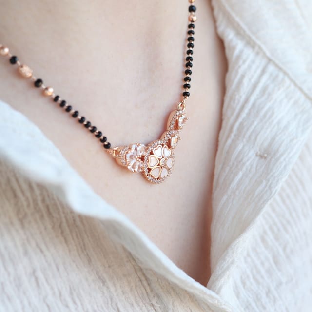 The Colourful Aura The Colourful Aura Women's Indian Nazarian Floral Rose Gold Zircon Mangalsutra Black Beads Necklace - 2