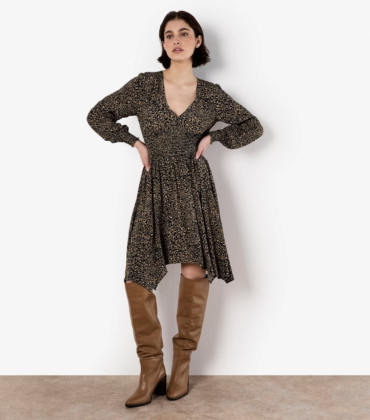Apricot Khaki Leopard Print Smock Mini Dress