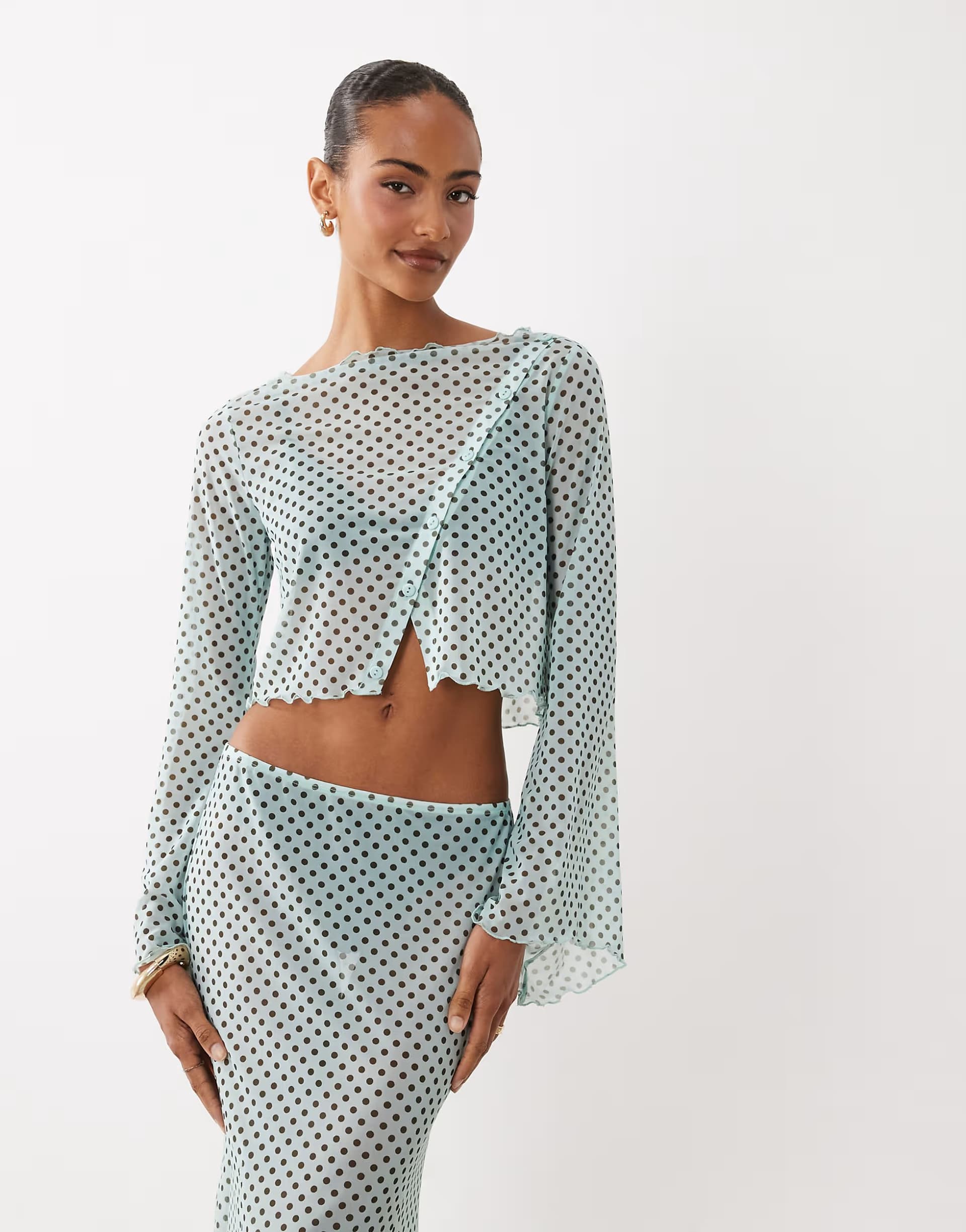 ASOS ASOS DESIGN mesh co-ord printed angel sleeve button through top in blue polka dot