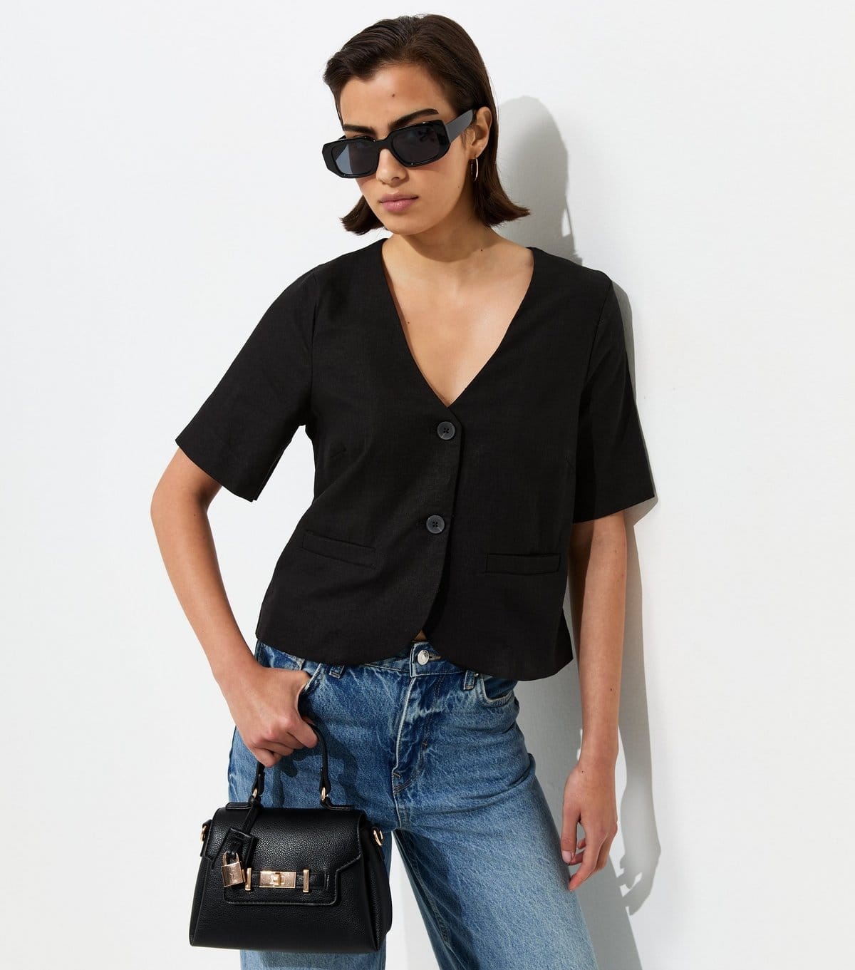 New Look Black Linen-Rich V-Neck Top