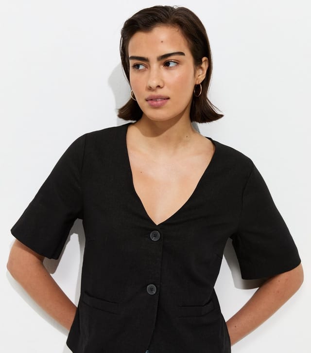 New Look Women's Black Linen-Rich Button Front Top New Look - 2