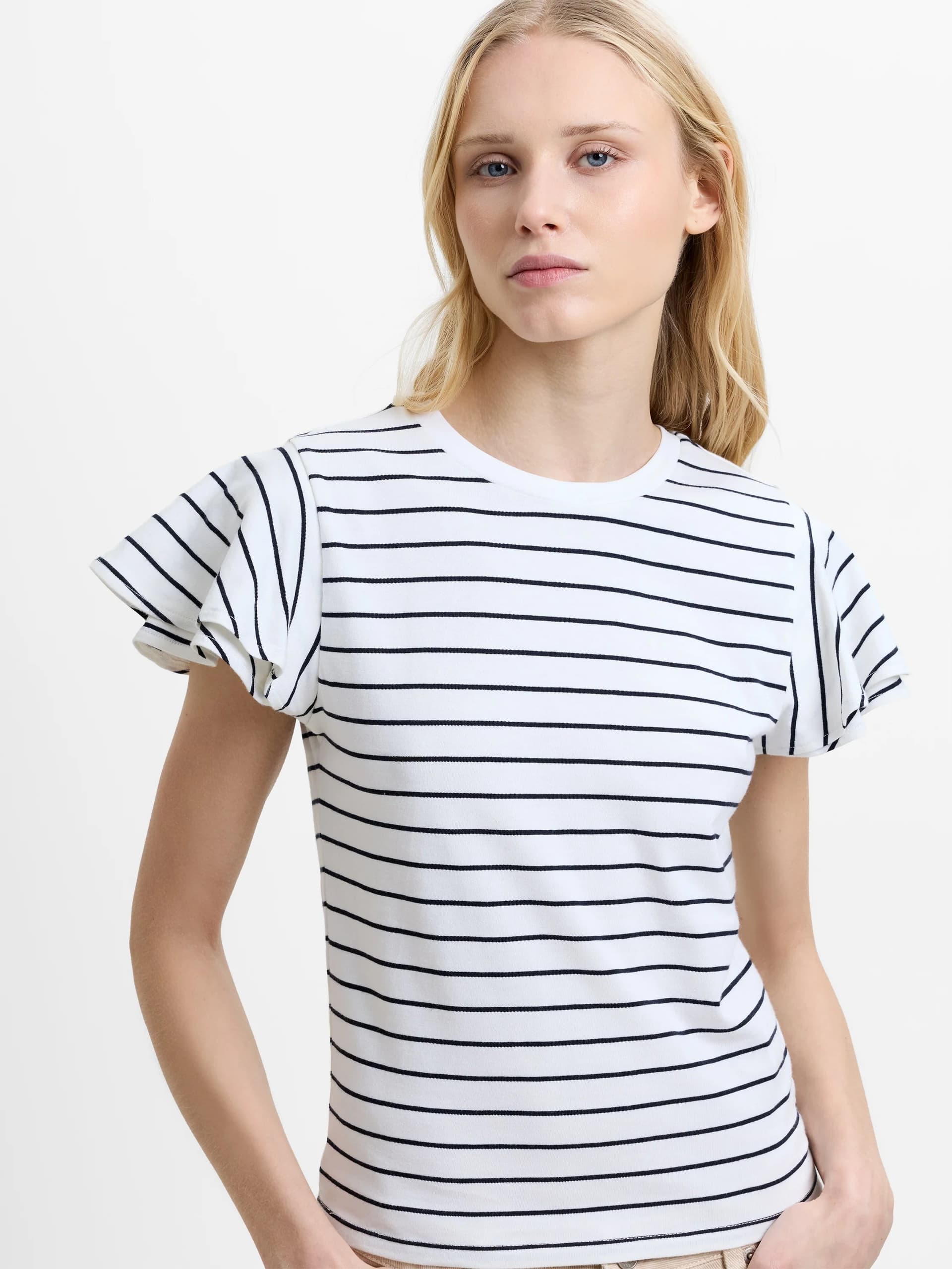French Connection Aliyana Jersey Striped Ruffled Sleeves T-Shirt Linen White/Black