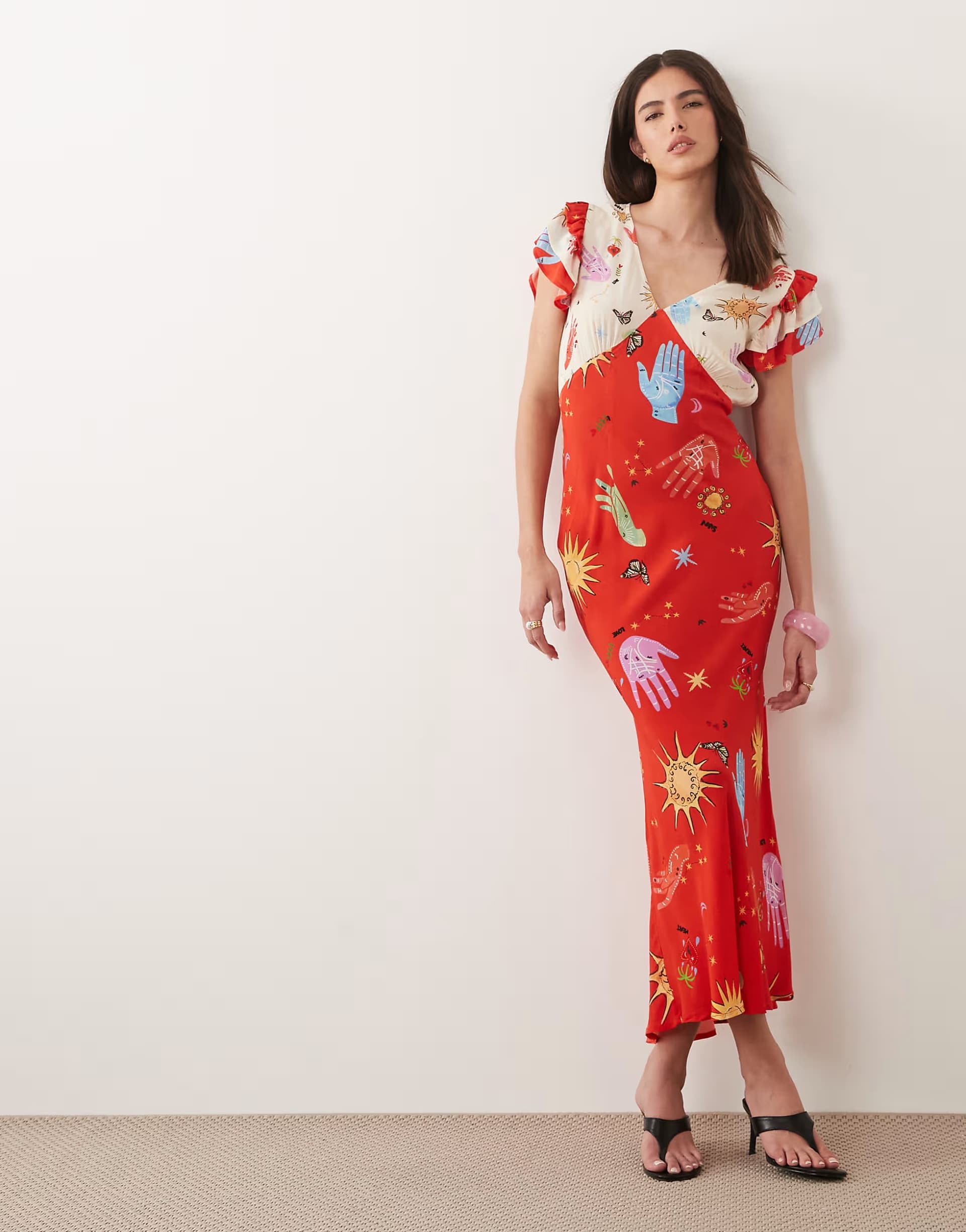 ASOS Never Fully Dressed satin v neck flutter sleeve maxi dress in celestial print