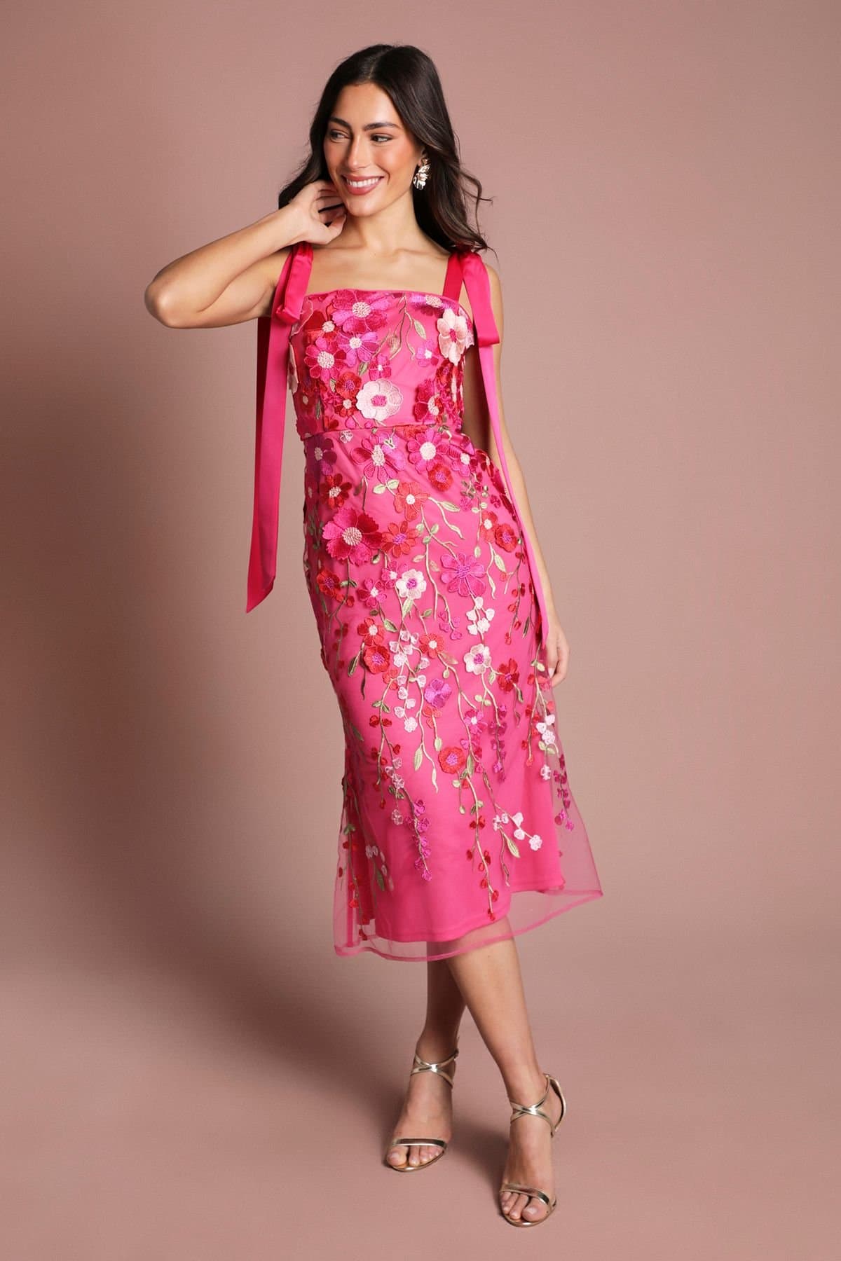 Coast Coast Women's Muse 3D Floral Mesh With Tie Shoulder Midi Dress in Hot Pink