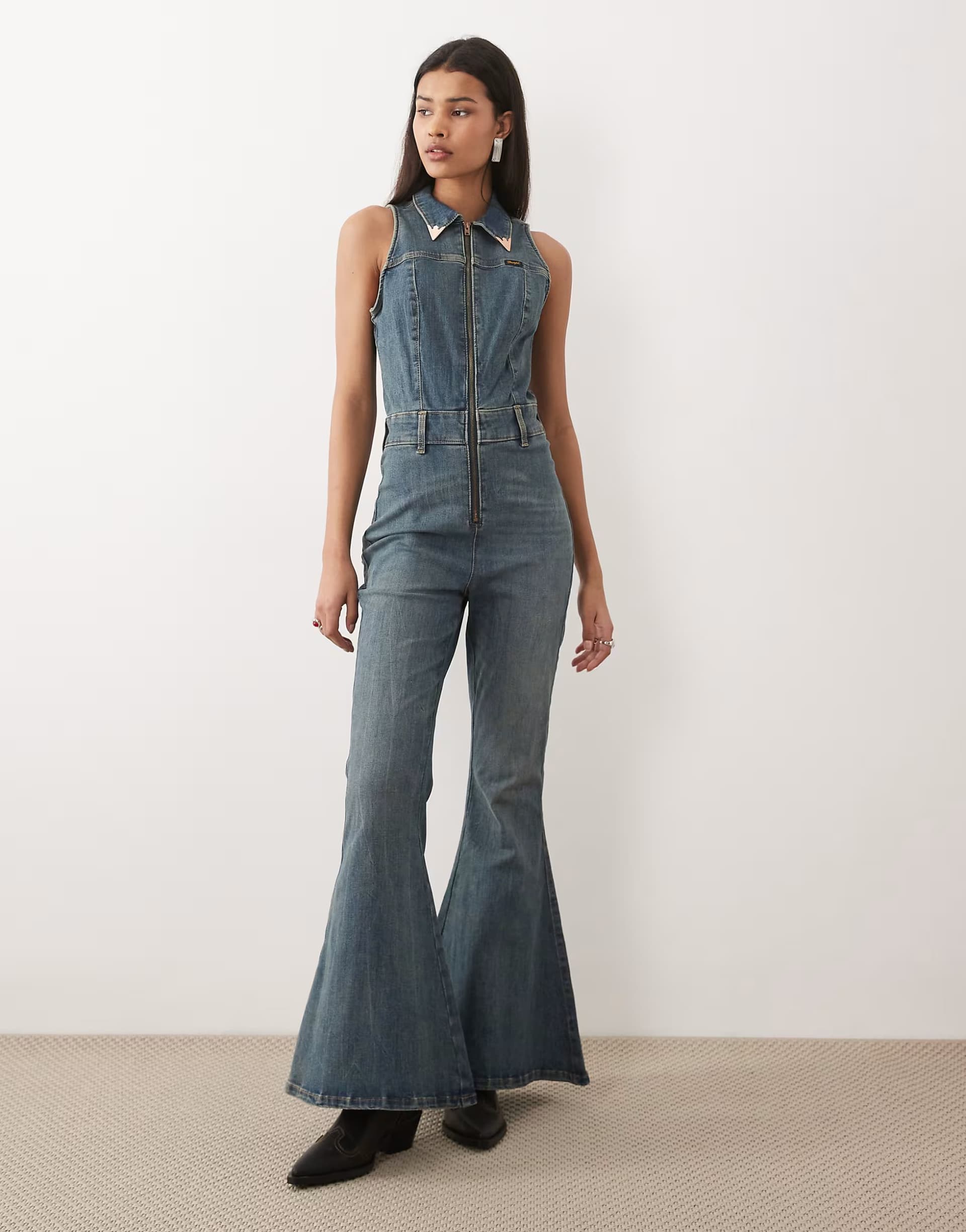 ASOS Wrangler x Lainey Wilson stretch super flare denim jumpsuit in indigo blue