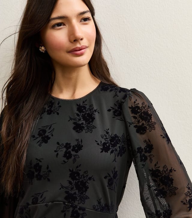 New Look Women's Black Floral Devore Long Sleeve Mini Dress New Look - 3
