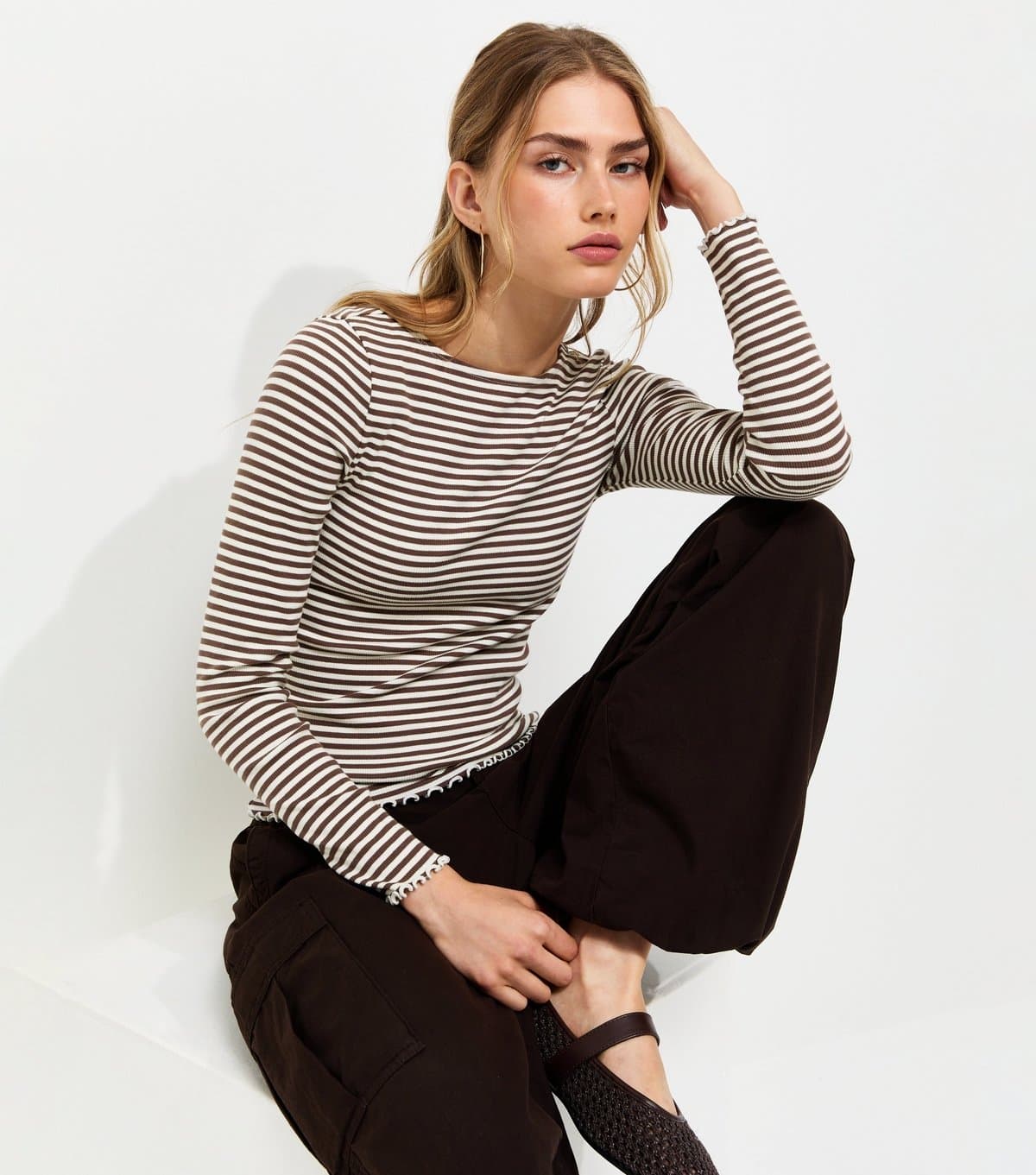 New Look Women's Brown Cotton Rich Striped Babylock Long Sleeve Top New Look