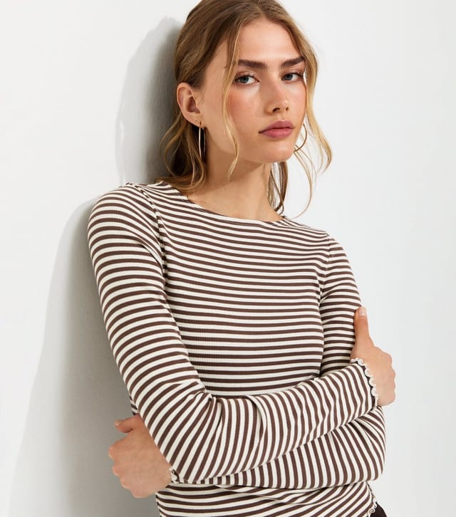 New Look Women's Brown Cotton Rich Striped Babylock Long Sleeve Top New Look - 2