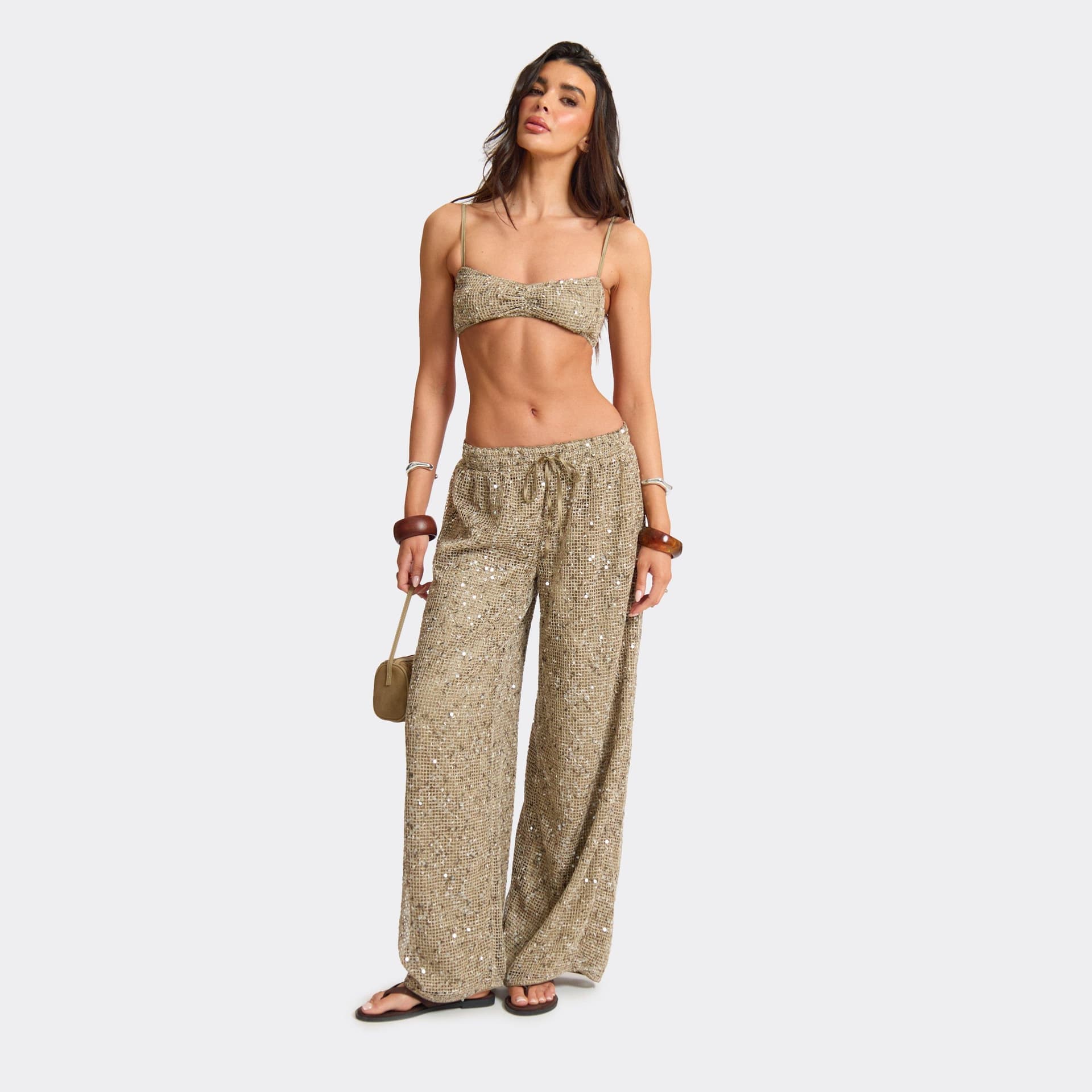 EGO Drawstring Wide Leg Trousers In Khaki Sequin, Women's Size UK L