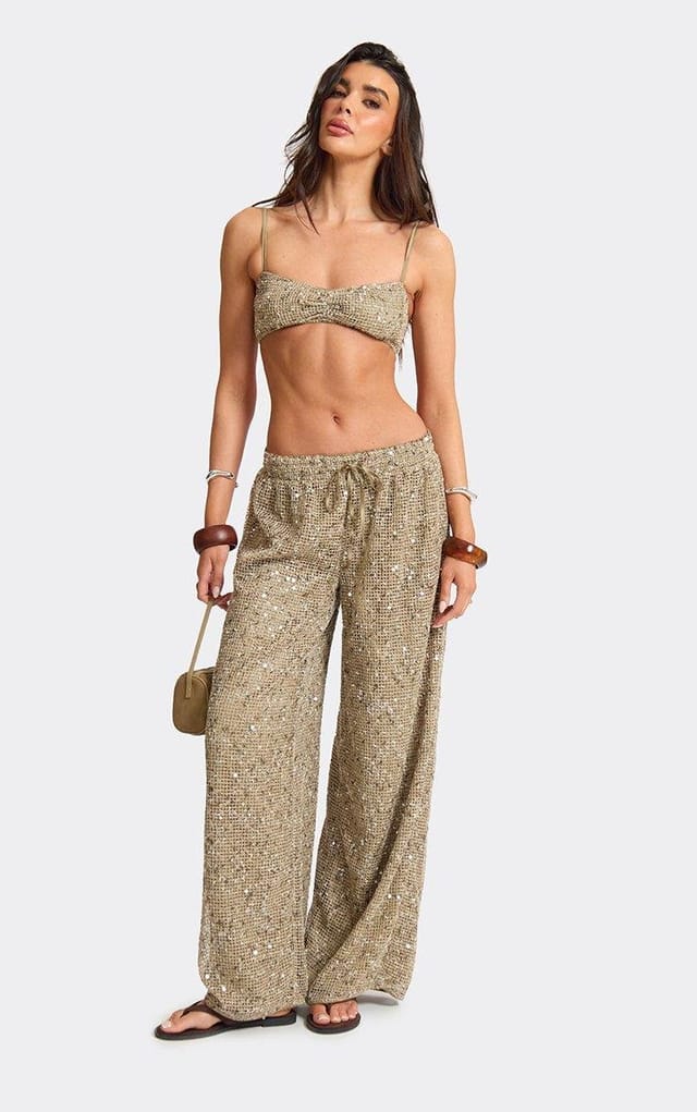 EGO Drawstring Wide Leg Trousers In Khaki Sequin, Women's Size UK L - 2