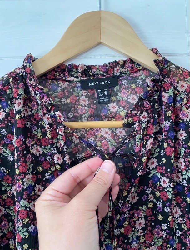 New Look Black and pink New look flower Floral Print chiffon style Sheer frilly Neck long cuff sleeve Blouse
