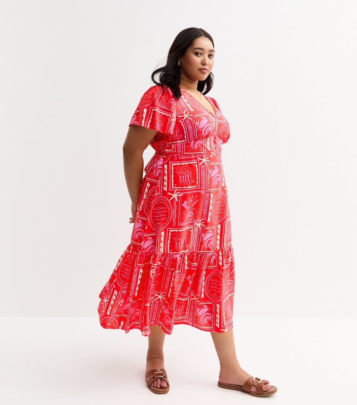 New Look Women's Plus Size Pink Sardine Print Tiered Midi Tea Dress Curves New Look