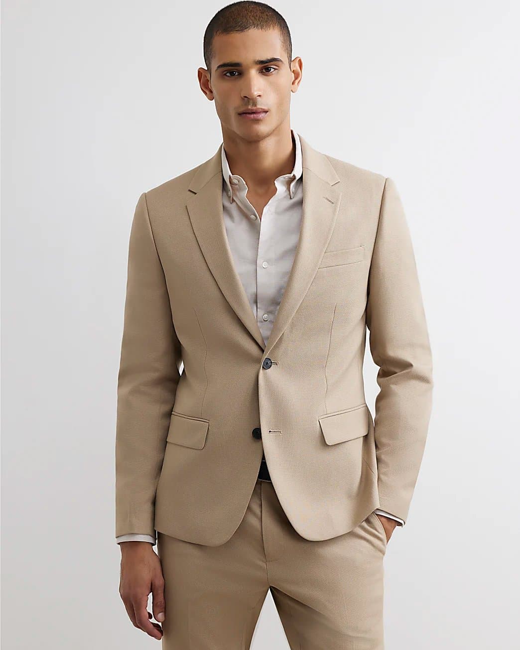 River Island Mens River Island Beige Slim Fit Stretch Textured Suit Jacket