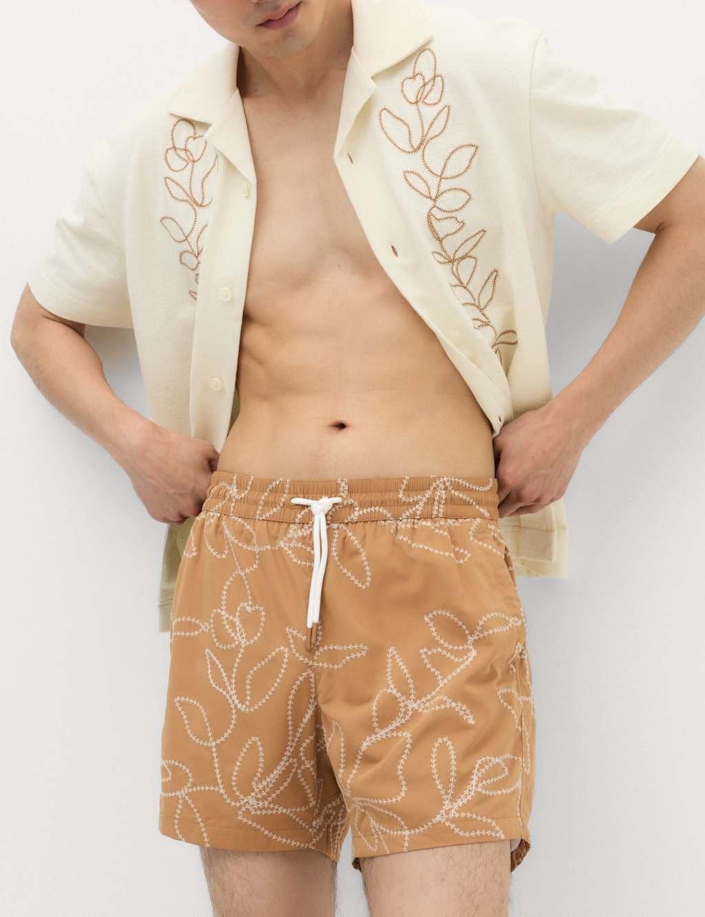 Marks & Spencer M&S Quick Dry Embroidered Swim Shorts Butterscotch
