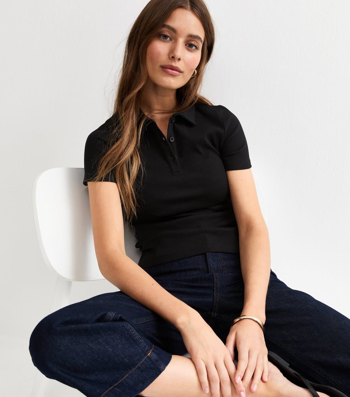 New Look Women's Black Ribbed Short Sleeve Polo Top New Look