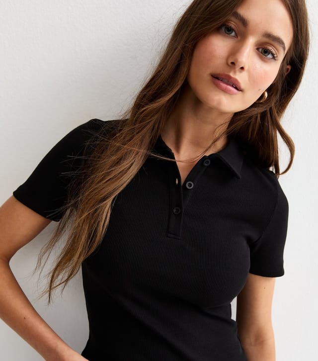 New Look Women's Black Ribbed Short Sleeve Polo Top New Look - 2