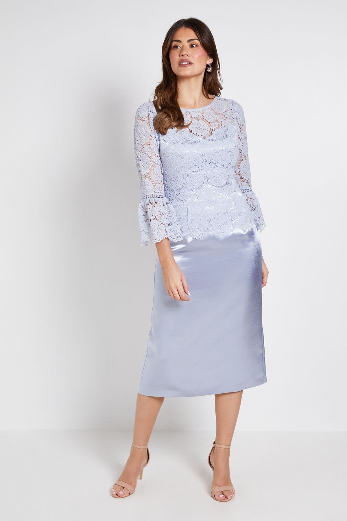 Wallis Wallis Women's Lace Ruffle Sleeve Pencil Dress in Blue