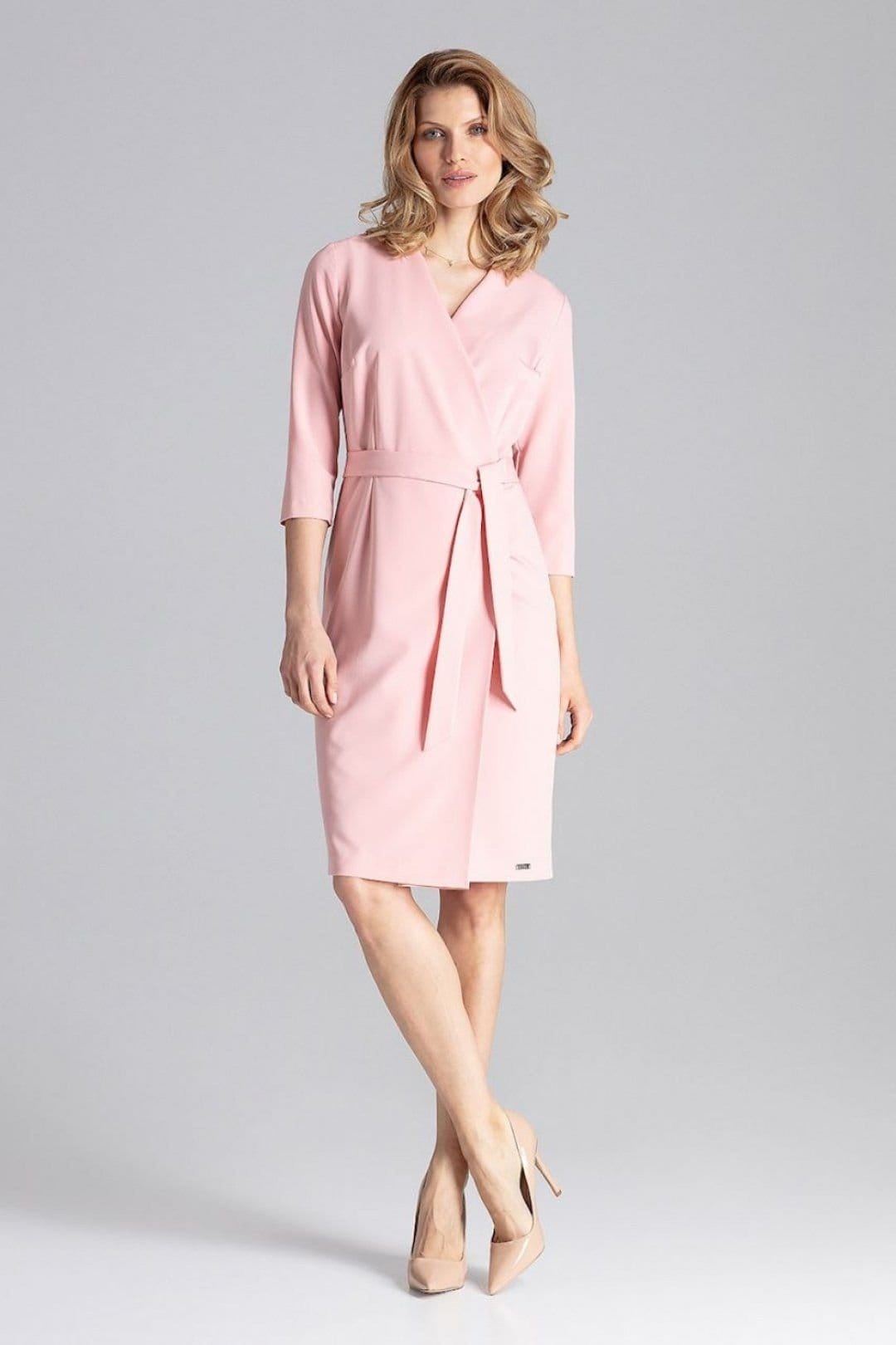 Love Lace Pink Envelope Neck Work Dress with Belt