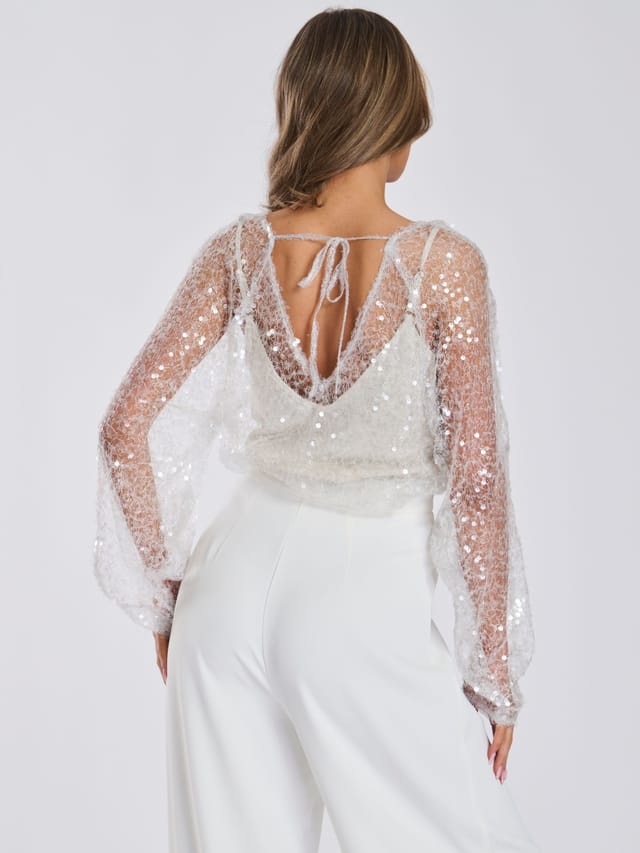 Finding Friday Finding Friday Women's Sheer Open Sleeve Sequin Top in Ivory - 3