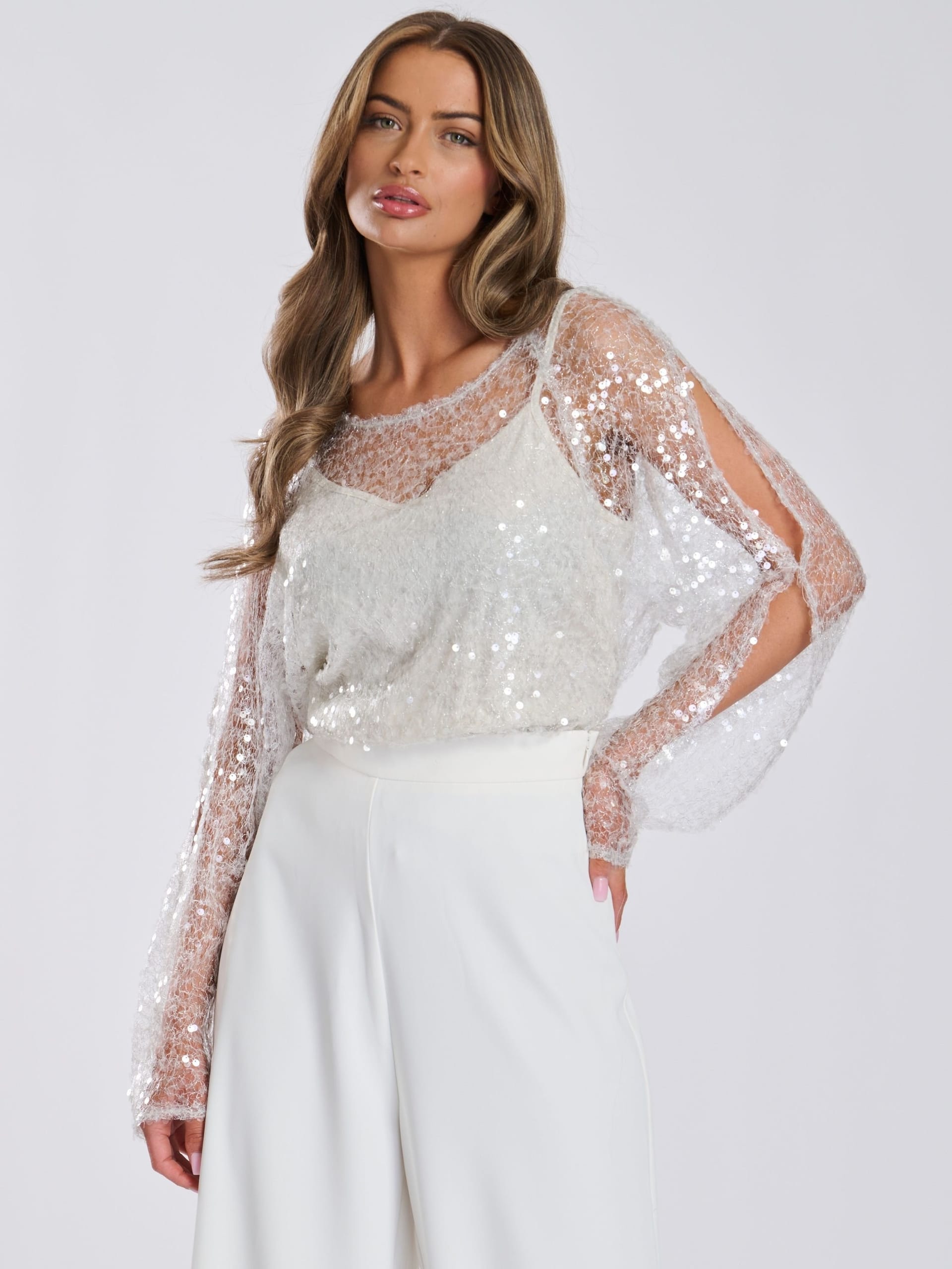 Finding Friday Finding Friday Women's Sheer Open Sleeve Sequin Top in Ivory - 4