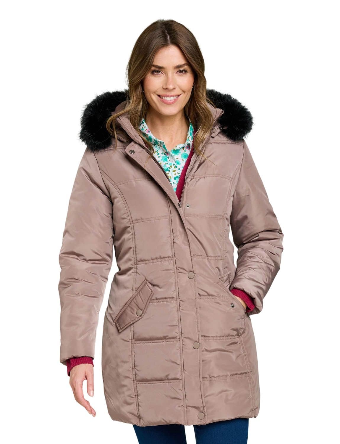 Amber Amber Women's Water Resistant Parka Style Jacket With Detachable Hood in Light Brown