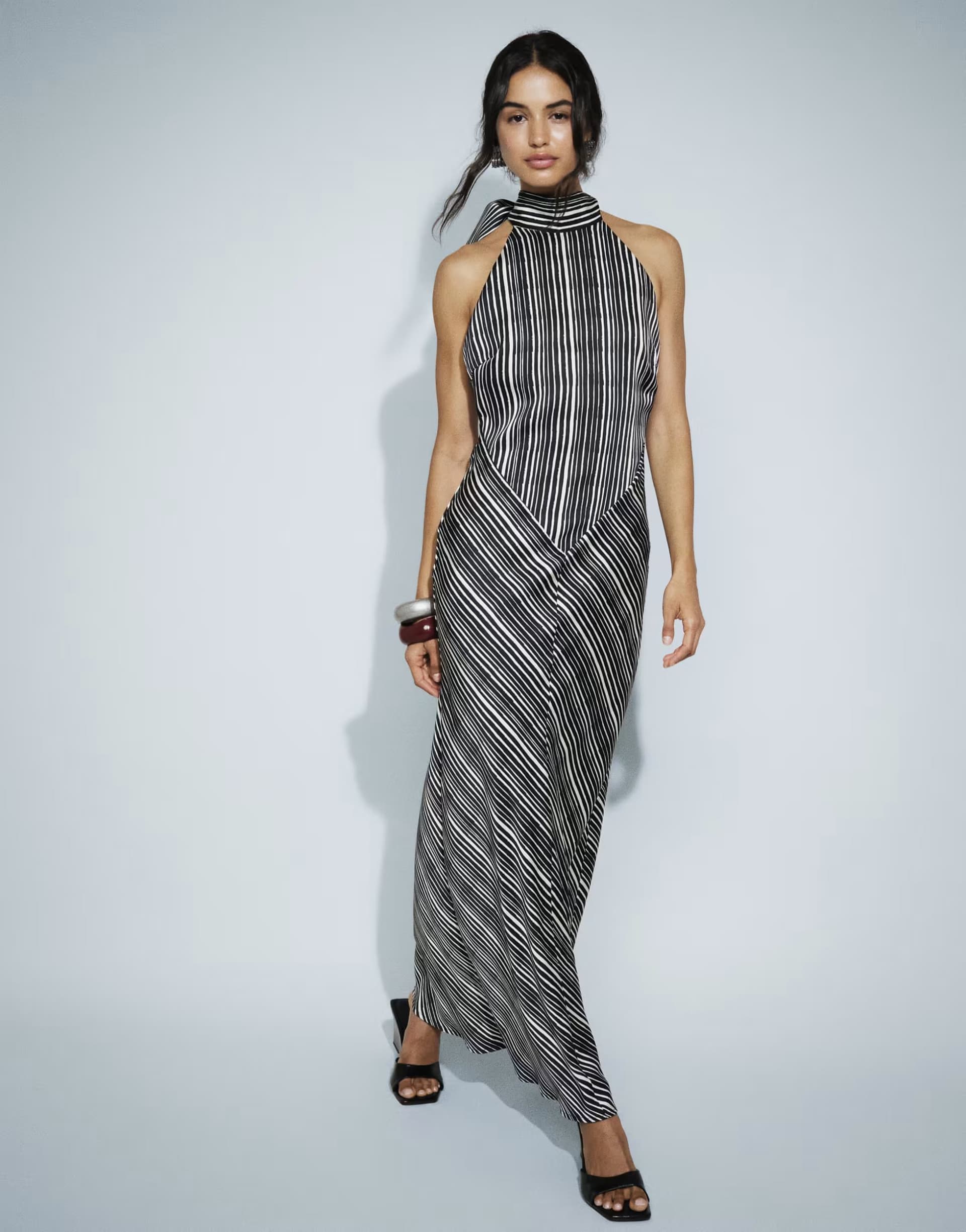 ASOS Pretty Lavish Jemima halter neck open back maxi dress in black and cream stripe