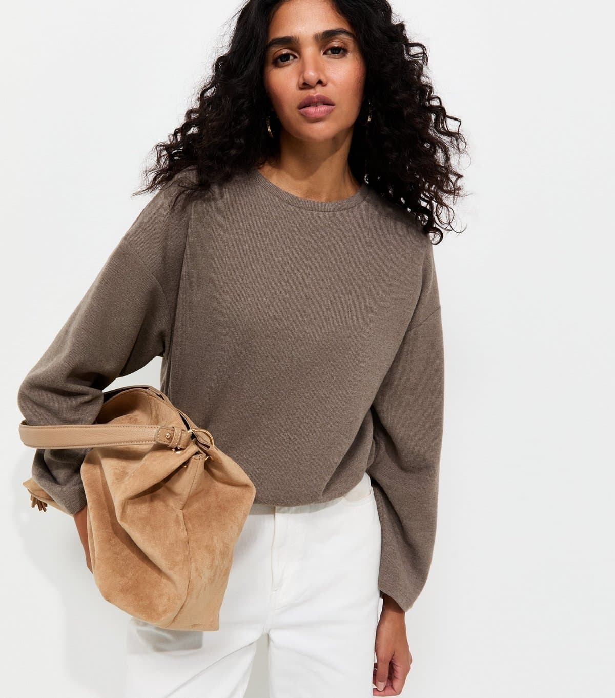New Look Women's Dark Mink Cotton Rich Soft Touch Bubble Hem Top New Look
