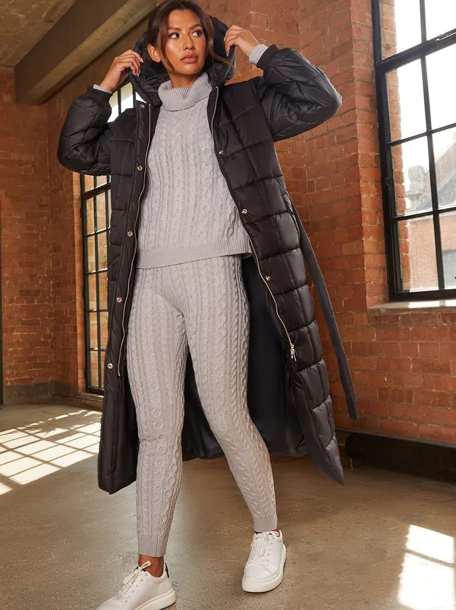 chi chi london Chi Chi London Women's Check Padded Longline Belted Coat in Black