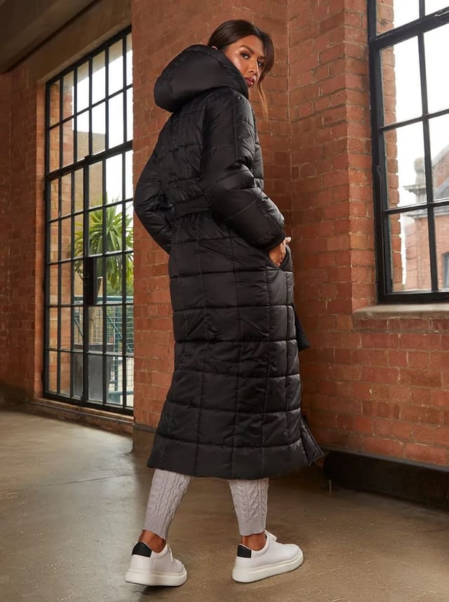 chi chi london Chi Chi London Women's Check Padded Longline Belted Coat in Black - 3