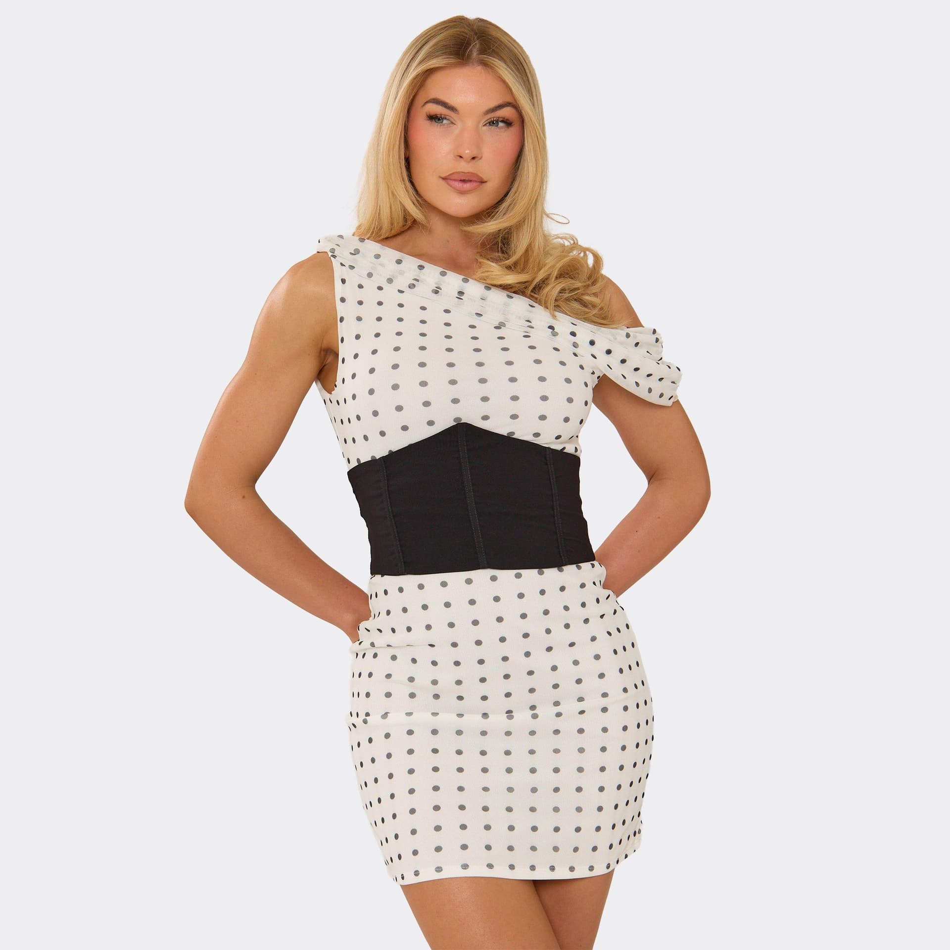 EGO Off The Shoulder Corset Detail Mini Dress In White Polka Dot, Women's Size UK 6