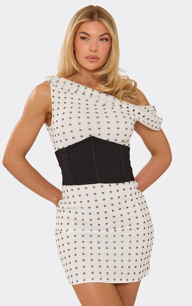 EGO Off The Shoulder Corset Detail Mini Dress In White Polka Dot, Women's Size UK 6 - 2