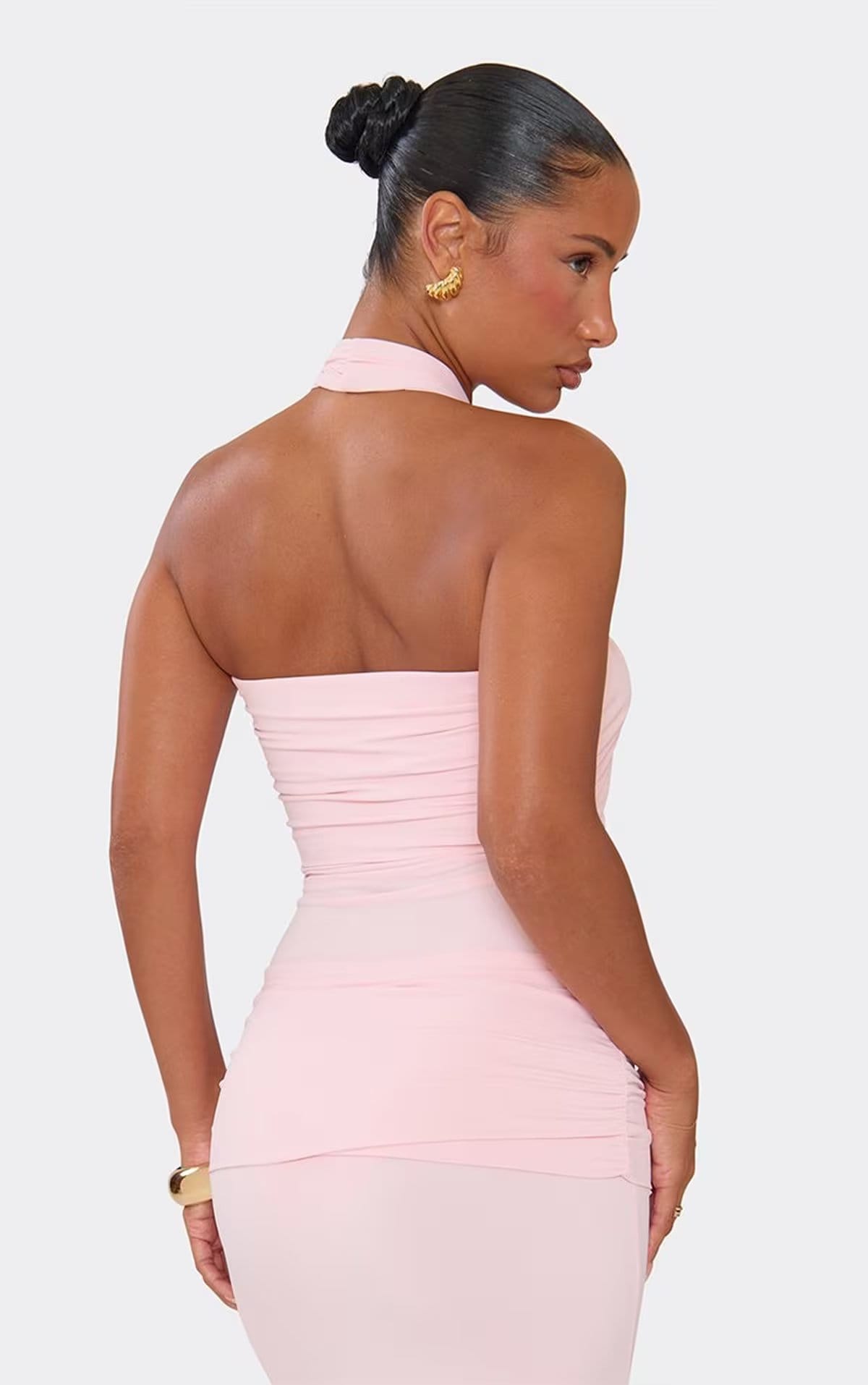 EGO Halterneck Trim Detail Ruched Bodysuit In Baby Pink, Women's Size UK L - 1