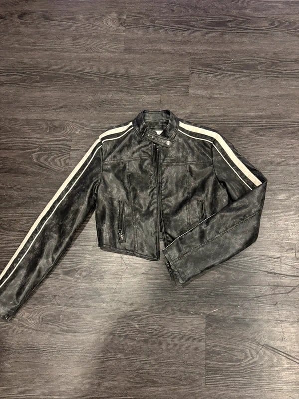 Bershka Grey Distressed Leather Biker Jacket