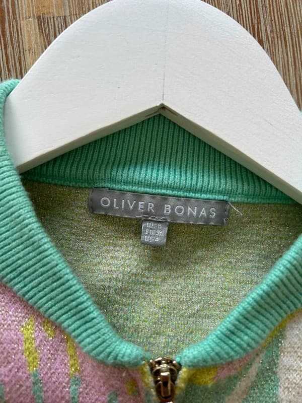 Oliver Bonas 🌸 Oliver Bonas Mint Pink Metallic Floral Knit Bomber Jacket Cardigan UK 8 Sparkle Zip