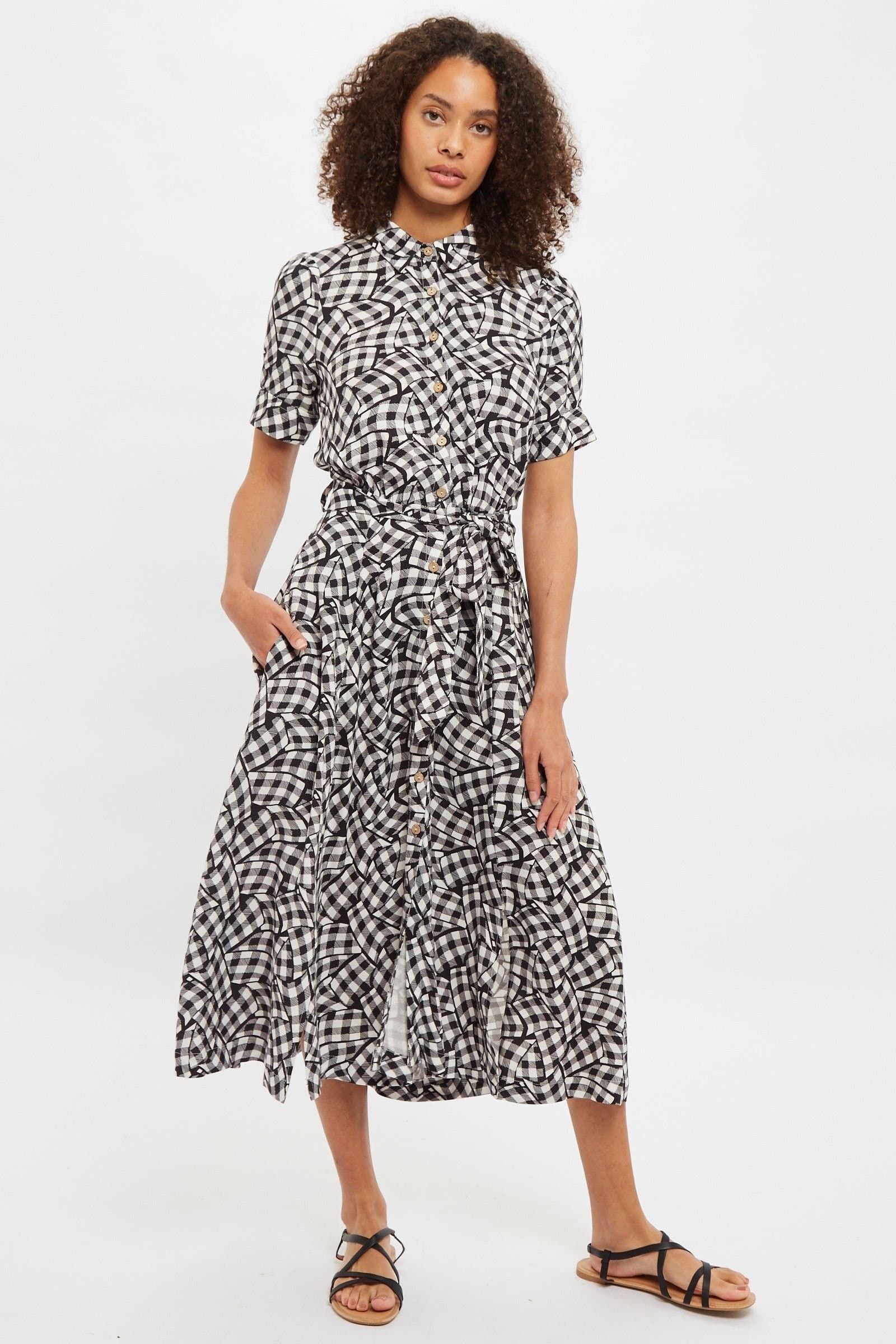 Louche Louche Women's Shauna Gingham Twist Print Short Sleeve Shirtdress in Black