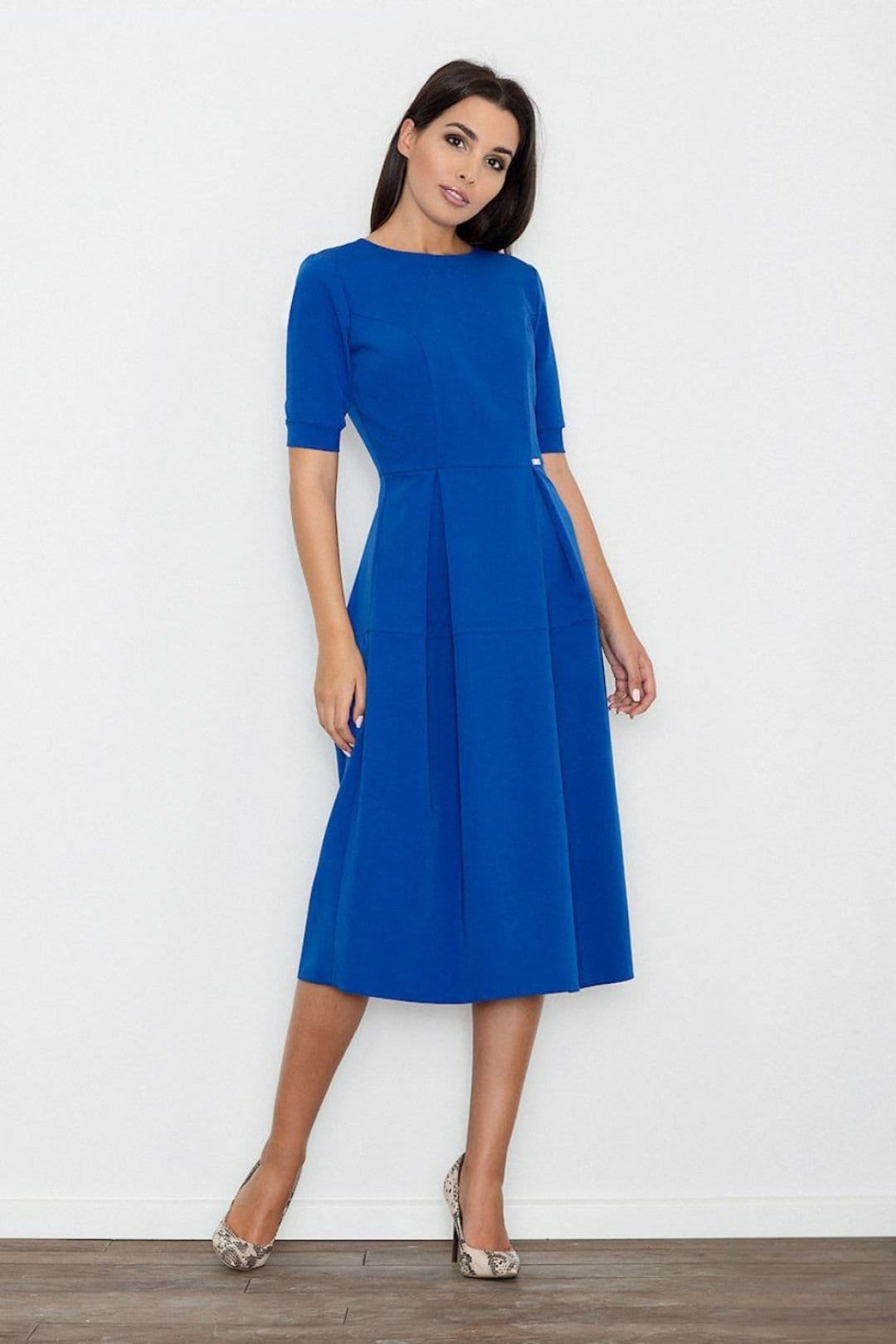Love Lace Blue Cotton Long Dress With Contrast Pleats