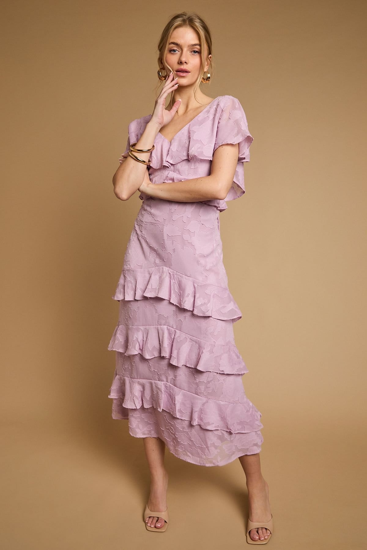 Oasis Women's Petite Jacquard Ruffle Maxi Dress in Lilac