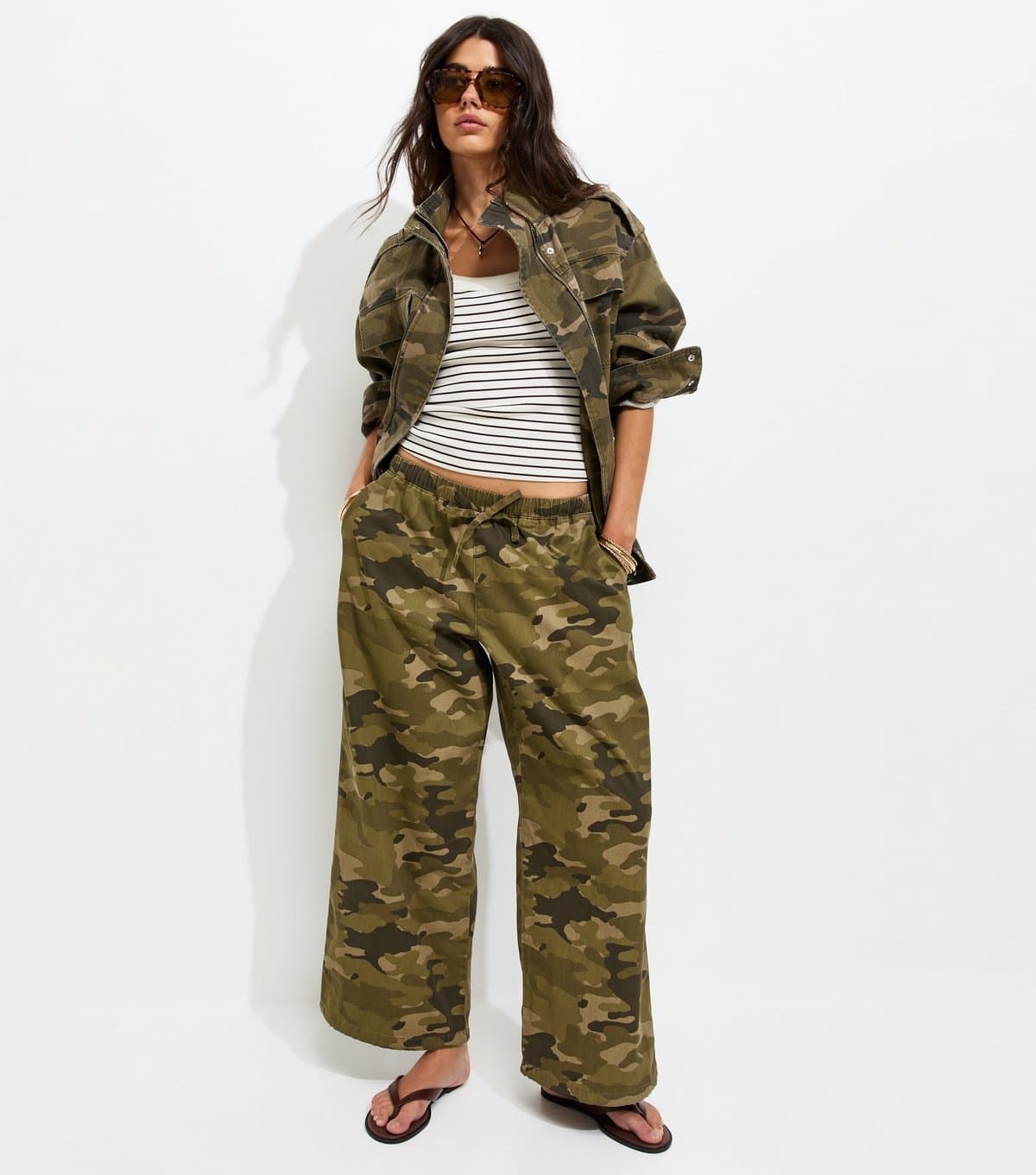 New Look Women's Green Cotton Camo Wide Leg Cargo Trousers New Look