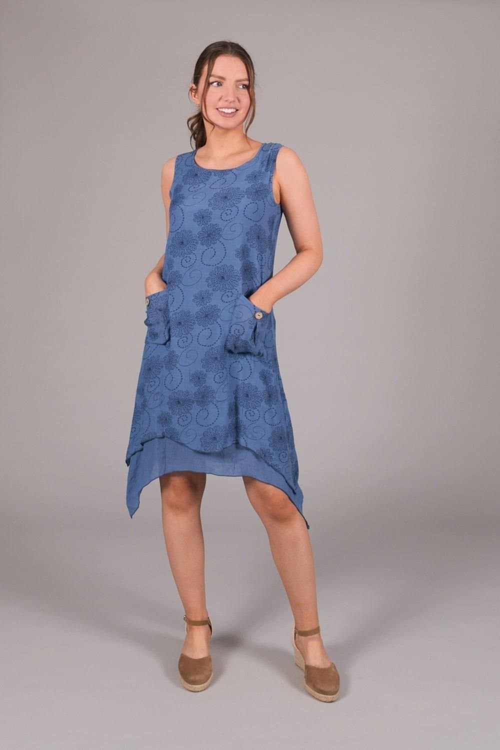 SOLO SOLO Women's Layered Pocket Stitch Print Dress in Blue