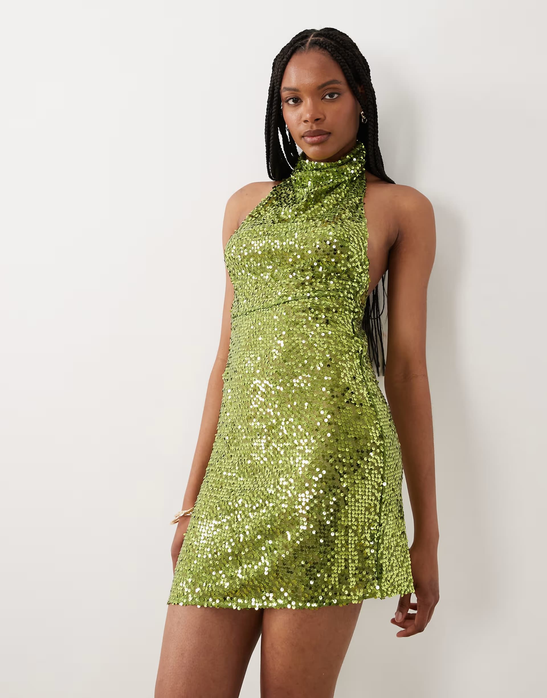ASOS ASOS DESIGN Tall embellished sheer scatter sequin halter mini dress in green