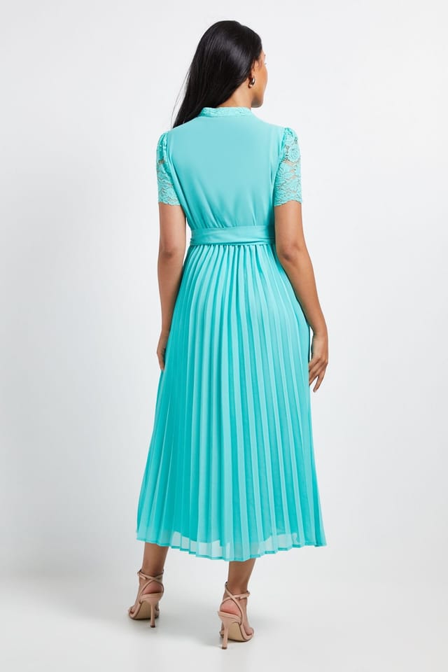 Wallis Wallis Women's Petite Lace Collarless Pleated Midi Dress in Mint - 3