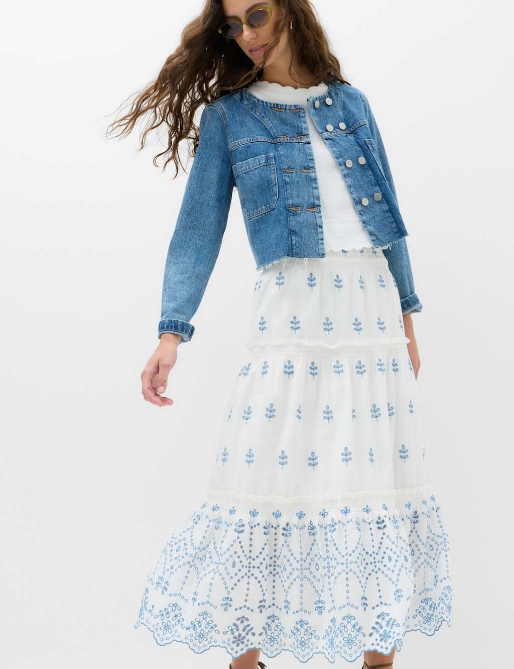 Marks & Spencer M&S Pure Cotton Embroidered Midaxi Tiered Skirt White Mix
