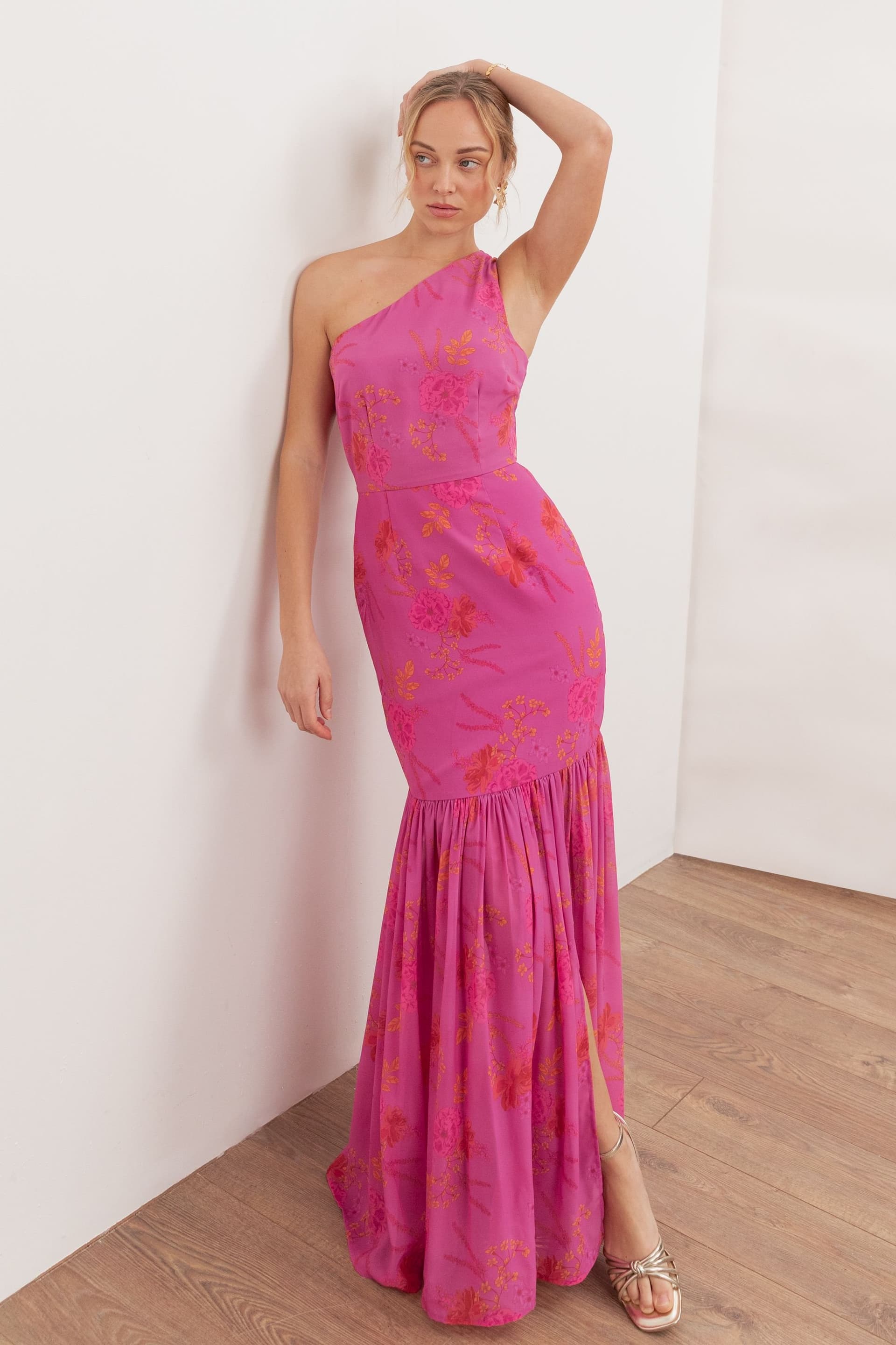 Anaya with Love Anaya with Love Women's Floral Print One Shoulder Maxi Dress in Bright Pink