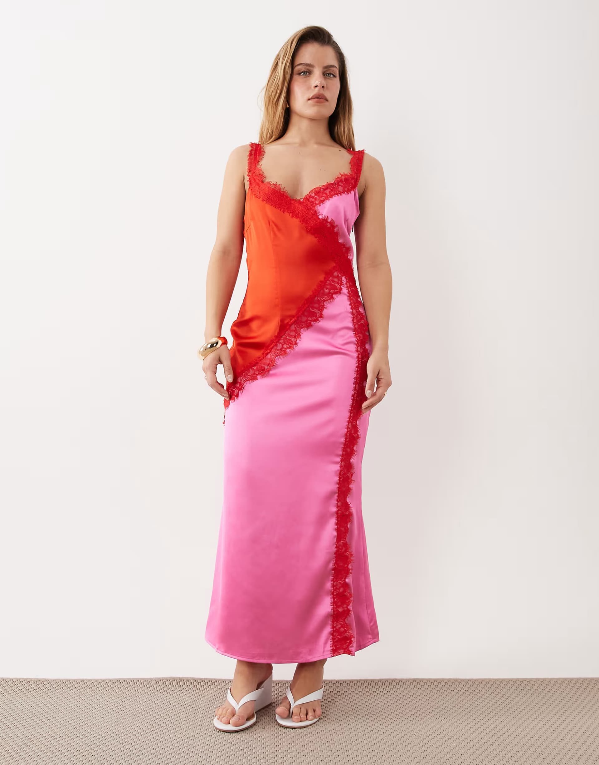 ASOS Never Fully Dressed Petite Elowen satin and lace trim cami midaxi dress in red and pink